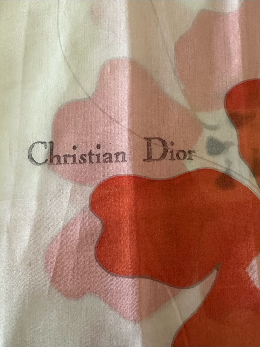 Dior Vintage Floral Print 100% Silk Scarf in White, Pink & Red 17x42